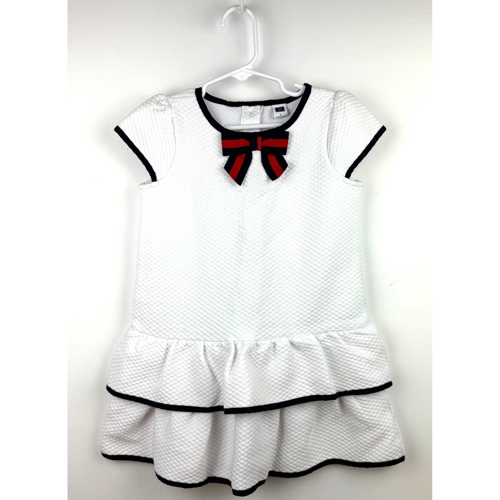 Janie and Jack White Quilted Bow Dress Ruffle Tiered Navy Trim Size 4